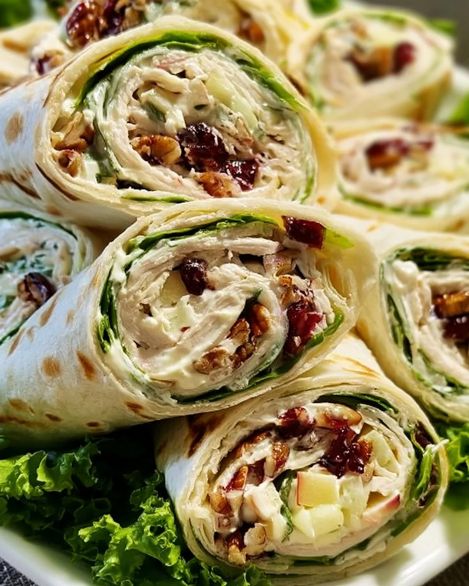 Chicken salad pinwheels served on a platter, ready to eat.