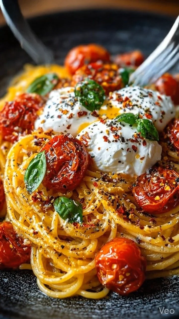 Creamy Burrata &amp; Blistered Tomato Spaghetti