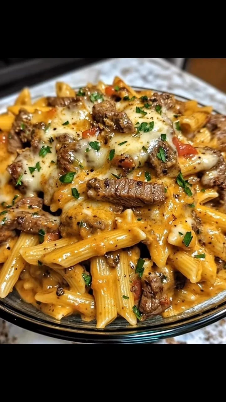 Creamy cheesy steak penne with succulent steak and creamy sauce