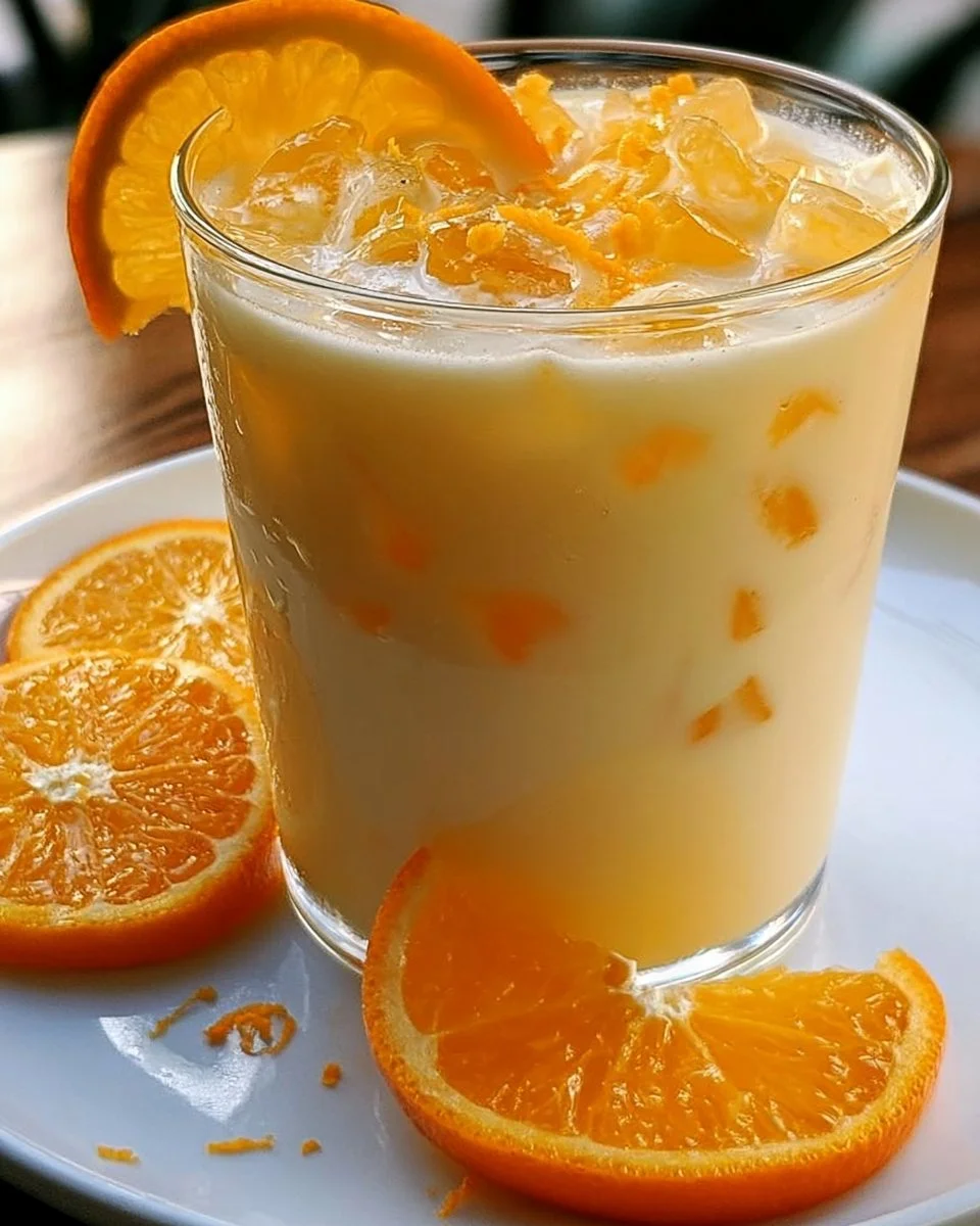 Creamy Coconut Orange Bliss Mocktail served in a glass with fruit garnish