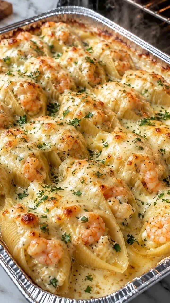 Creamy garlic shrimp stuffed shells baked in a savory sauce