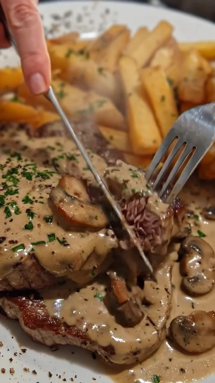 Creamy Mushroom Steak with Golden Fries