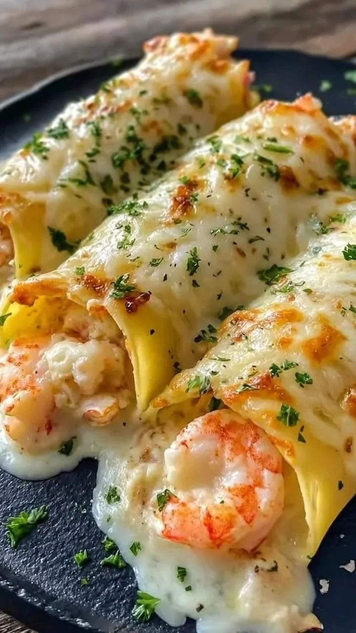 Creamy shrimp-stuffed manicotti dish garnished with herbs