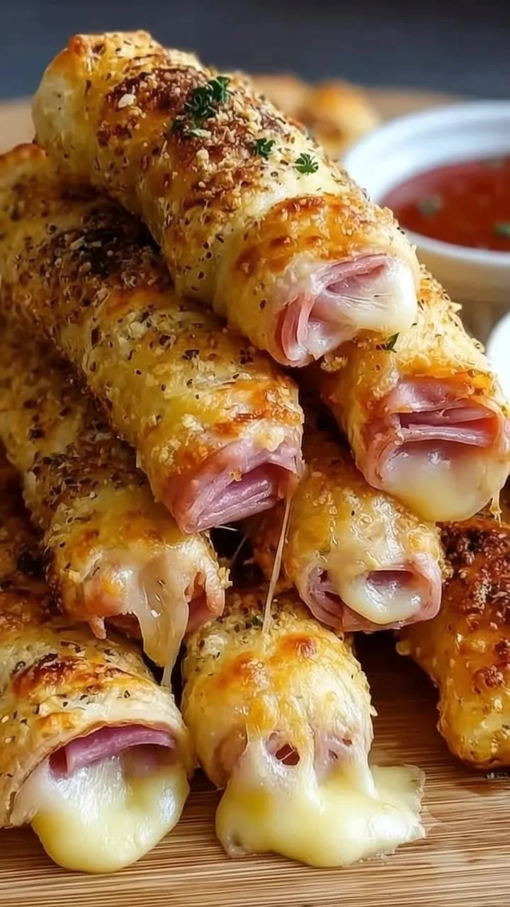 Crispy cheesy ham and cheese rolls served on a plate