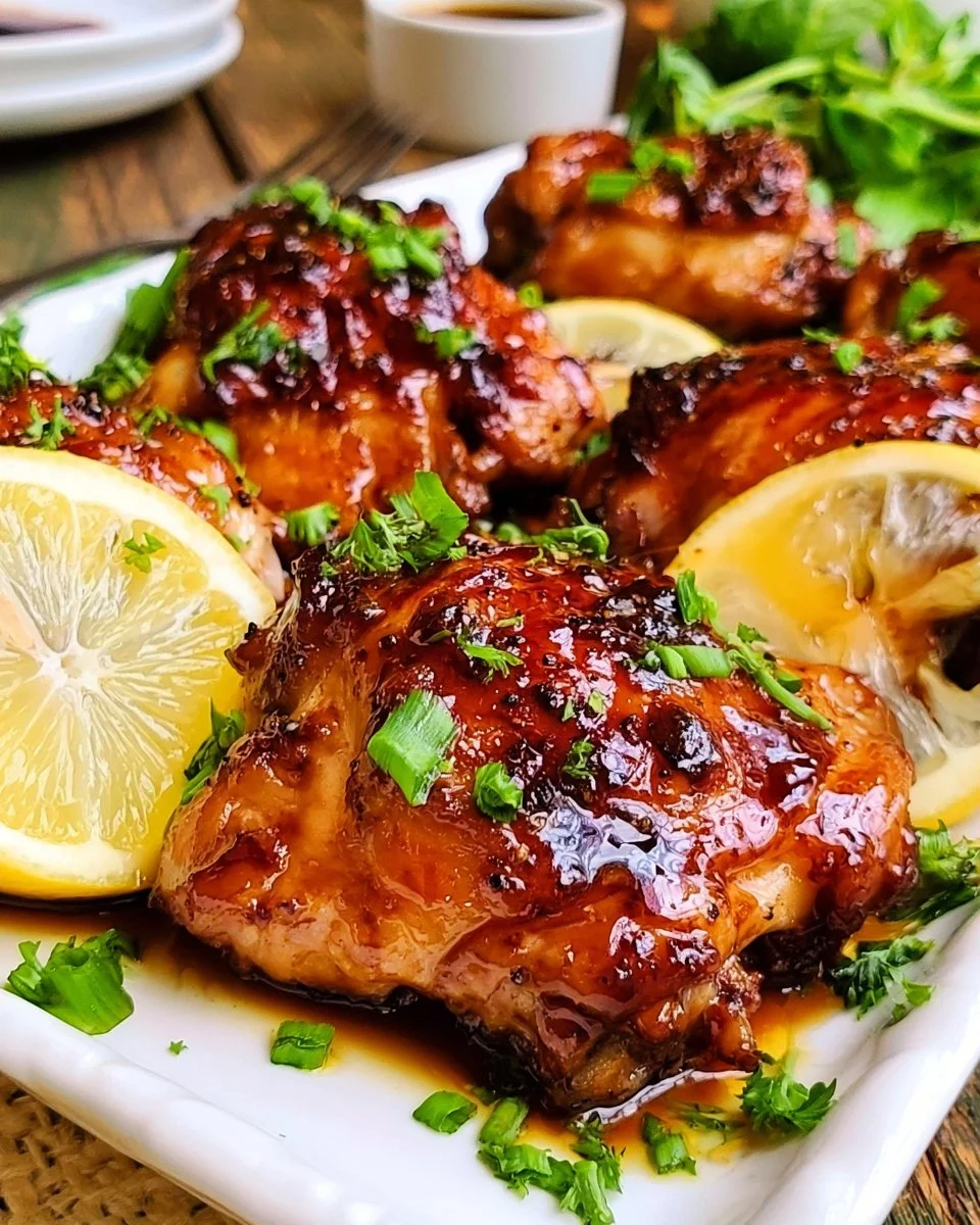 Delicious sticky glazed chicken served on a plate with herbs and spices.