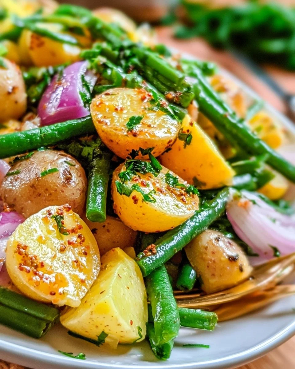French potato salad with green beans served in a bowl