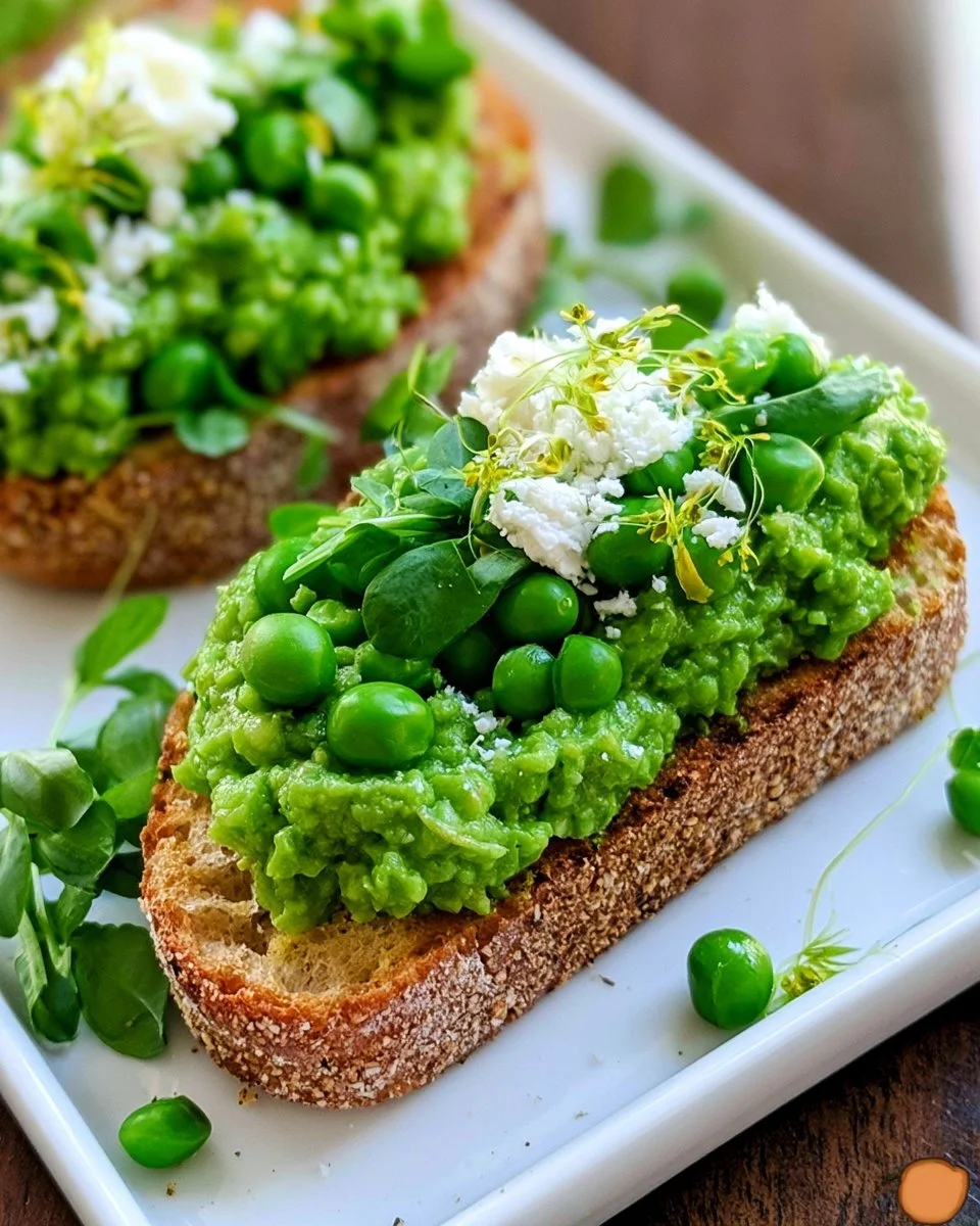 Fresh pea bruschetta on toast with herbs and seasonings