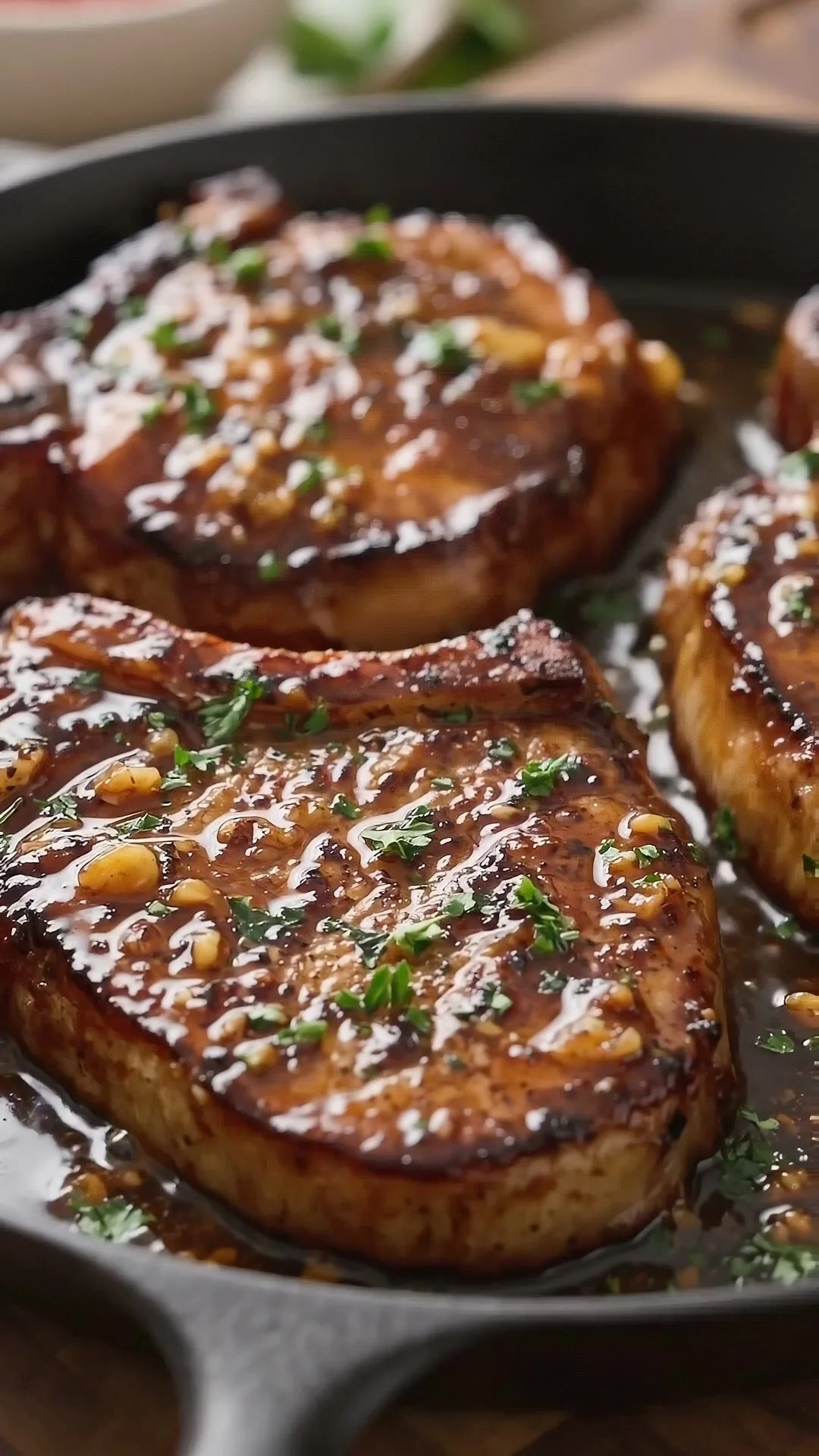 Delicious honey garlic beef steaks on a plate garnished with herbs