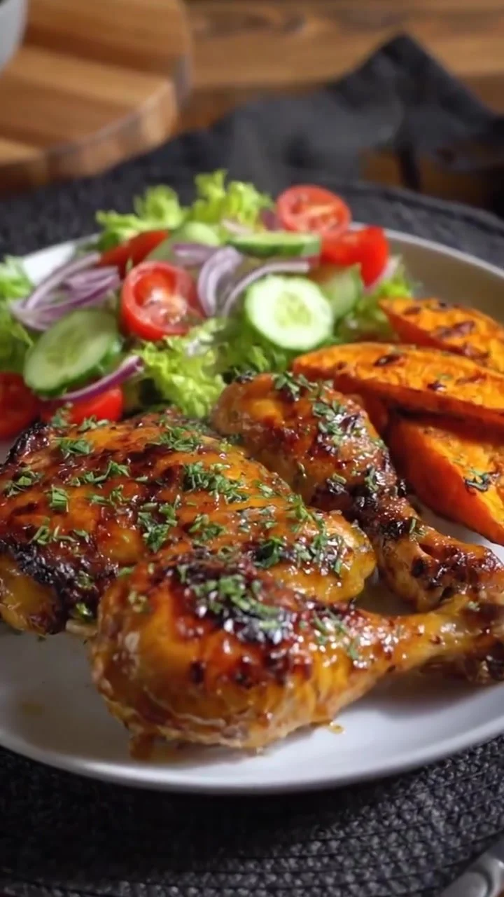 Honey glazed chicken served with roasted sweet potatoes on a plate