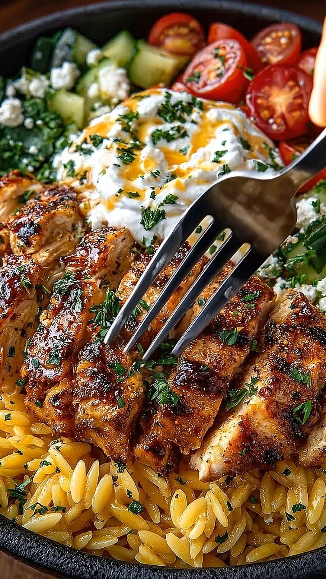 Lemon Dijon Chicken Orzo Bowl with Honey Whipped Feta