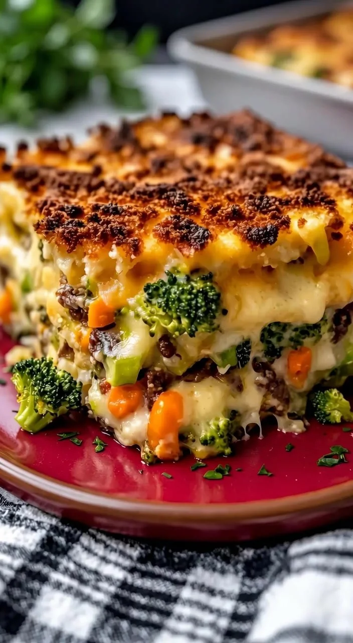 Low-calorie cheesy vegetable casserole served in a dish with fresh vegetables