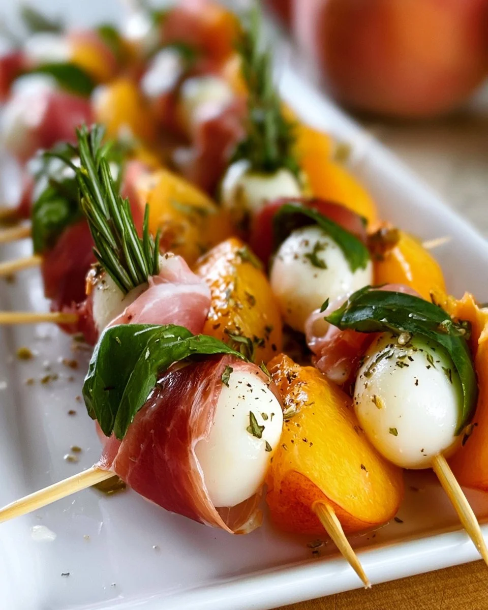 Mozzarella, prosciutto, and pickled peach appetizer skewers on a platter.