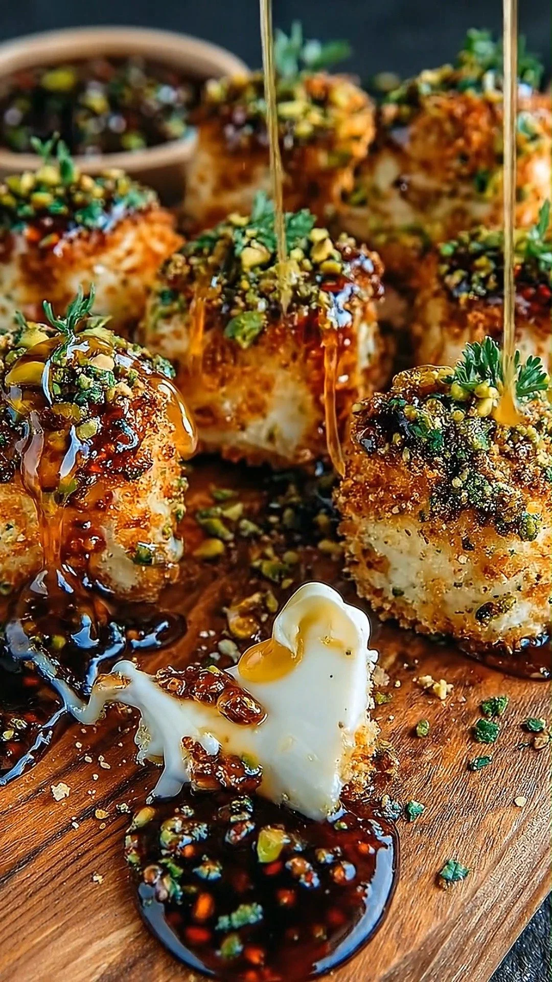 Pistachio Crusted Brie Bites with Fig Honey Glaze