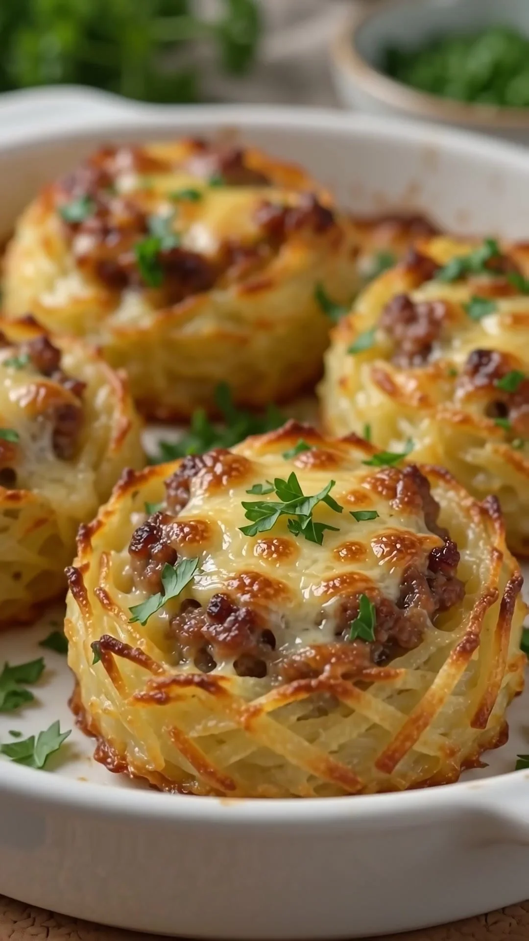 Delicious potato nests filled with meat and topped with gratinated cheese.
