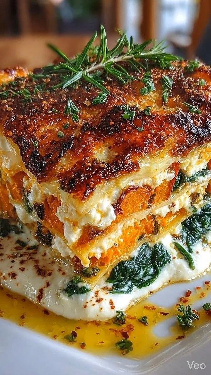 Roasted butternut squash and spinach lasagna served on a plate