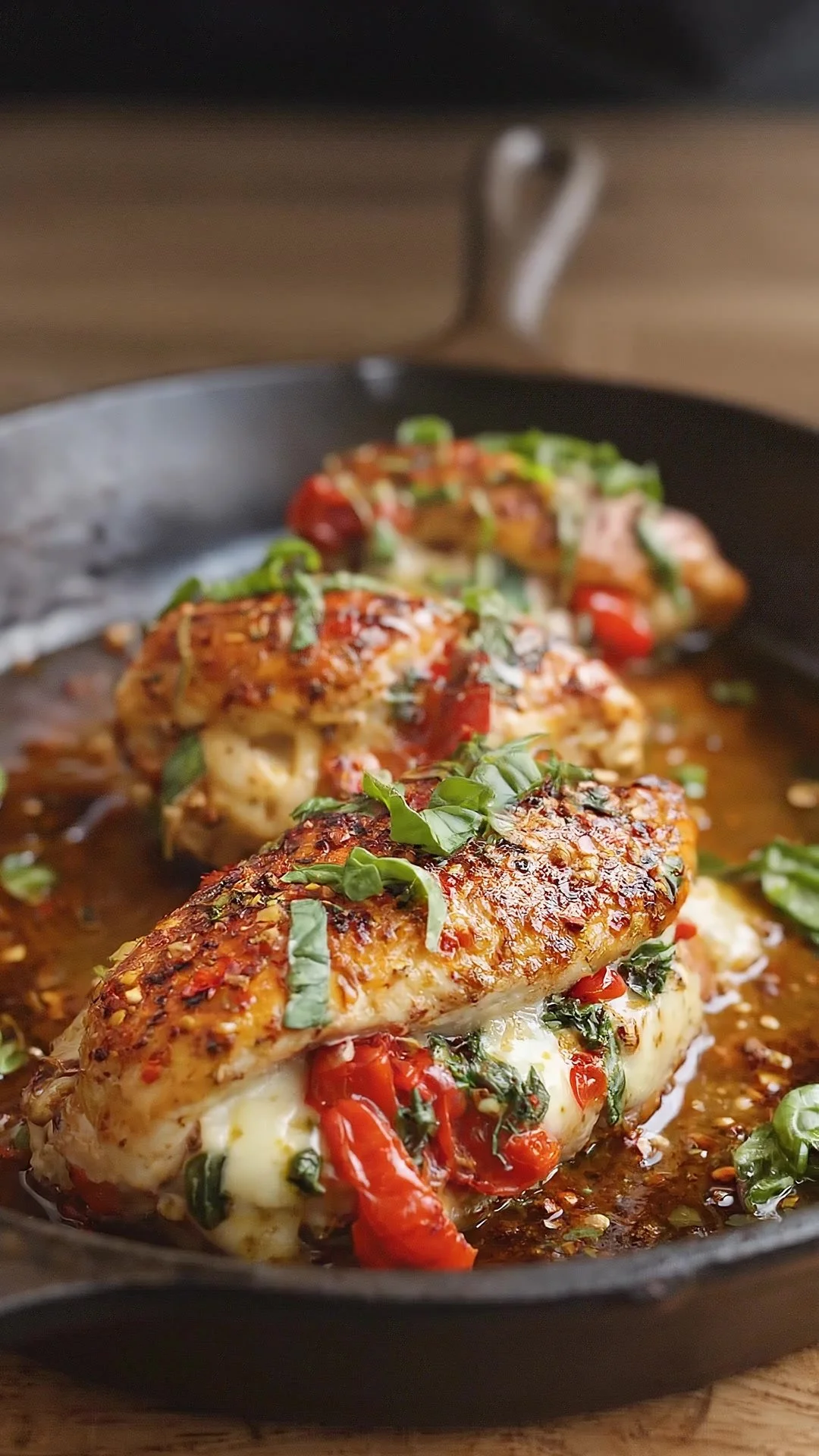 Roasted red pepper mozzarella stuffed chicken breast on a plate.