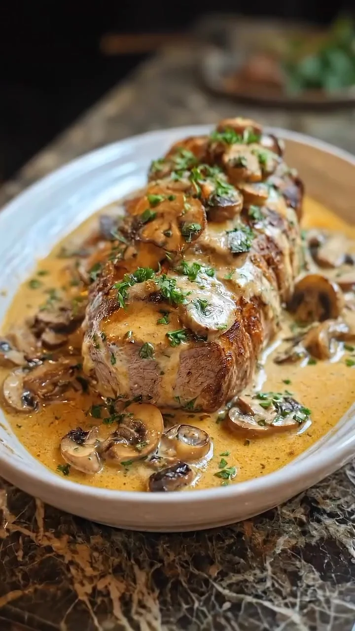 Slow Cooker Creamy Mushroom Beef Tenderloin served on a plate with creamy sauce