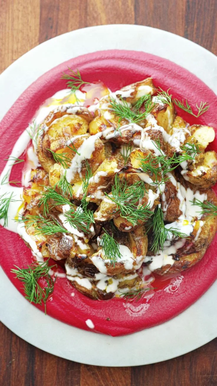 Smashed Potatoes with Beetroot Beans