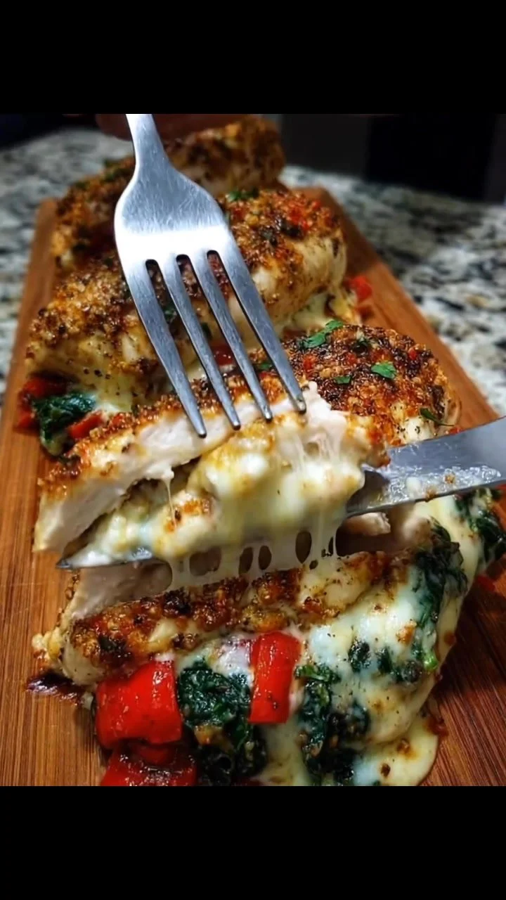 Spinach, Roasted Red Pepper, and Cheese Stuffed Chicken Breast