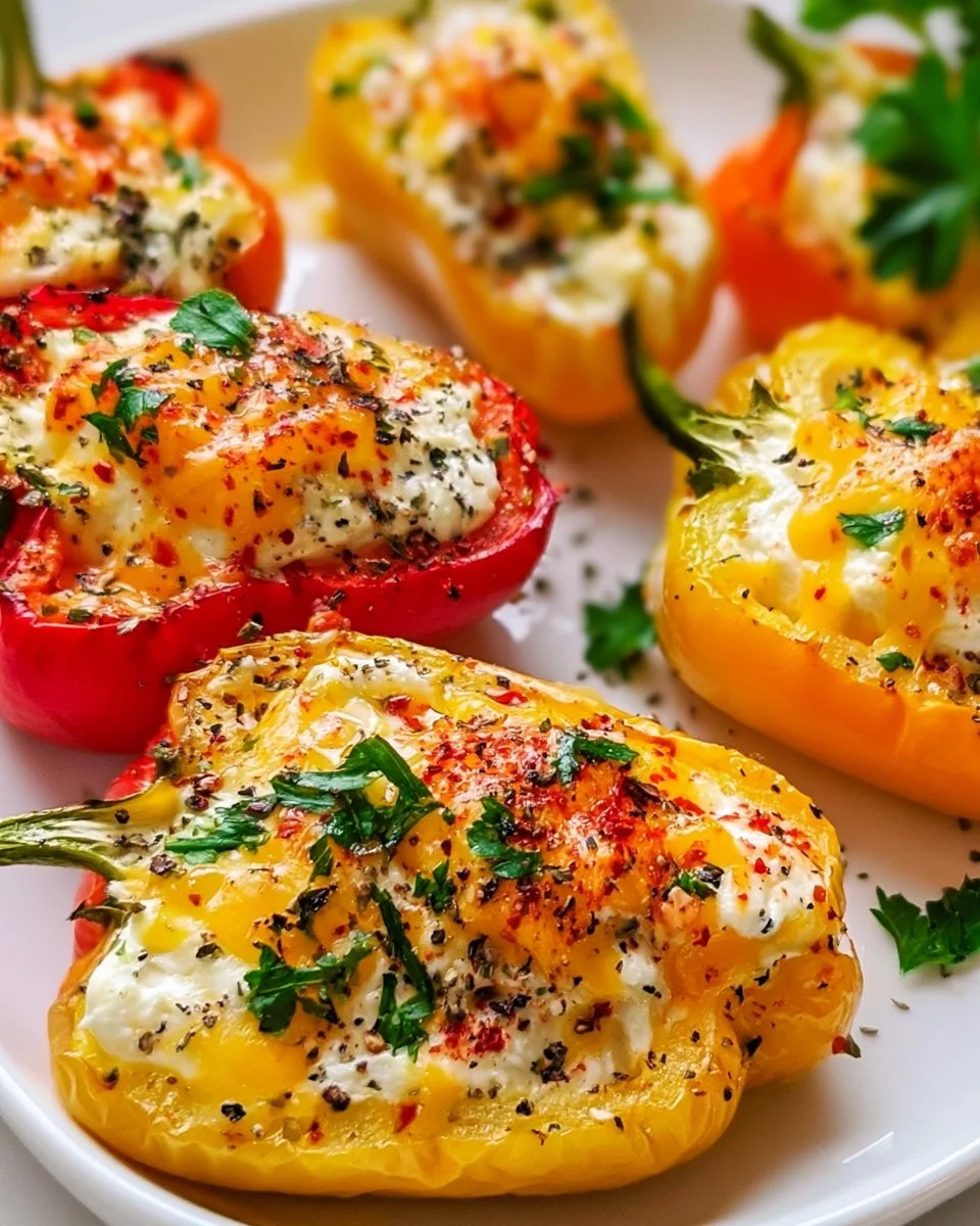 Colorful stuffed mini peppers filled with cheese and herbs on a platter.
