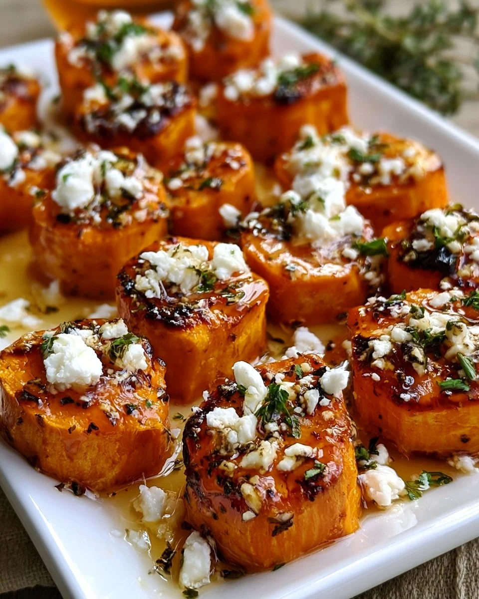 Sweet potato bites topped with honey and feta cheese served on a plate.
