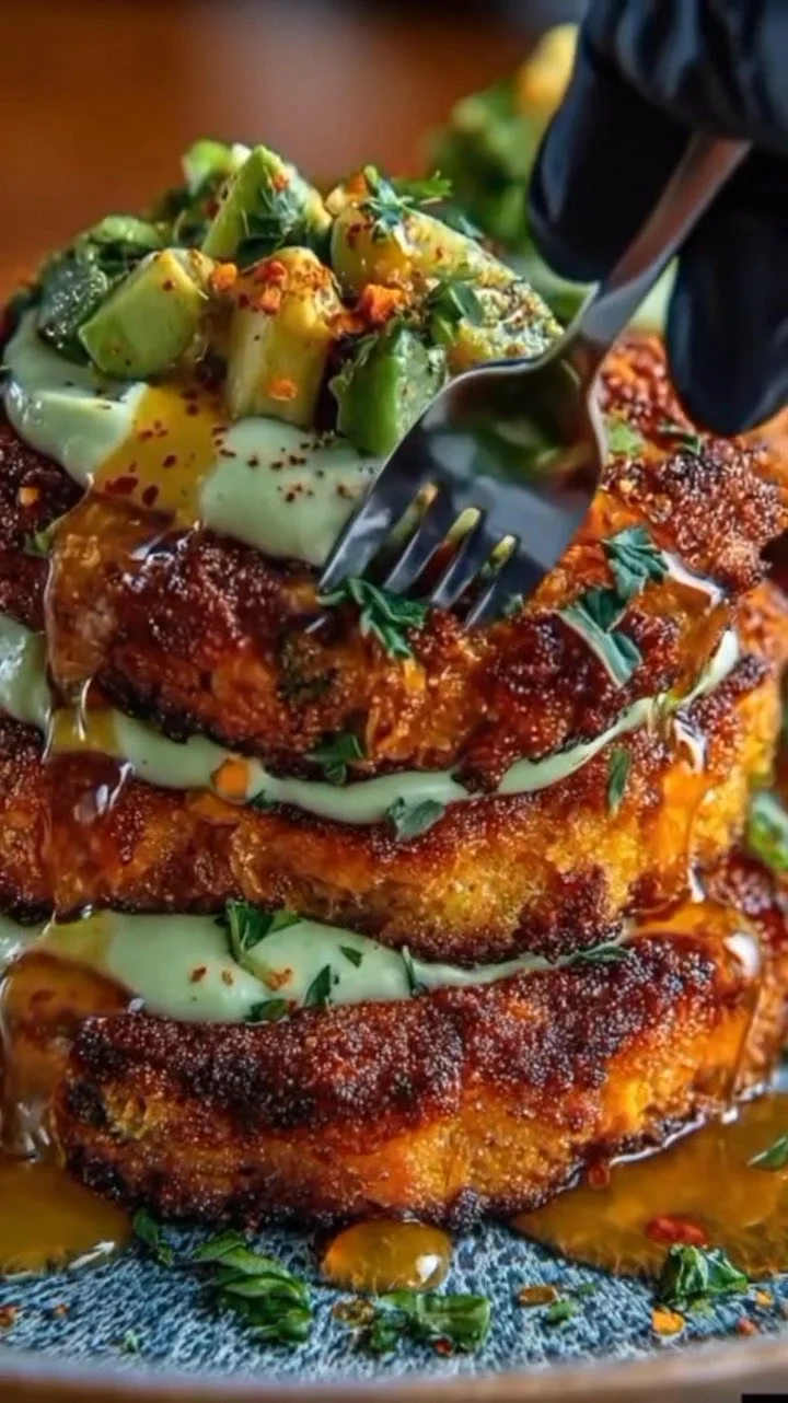 Sweet Potato Fritters with Avocado Cream and Spicy Honey