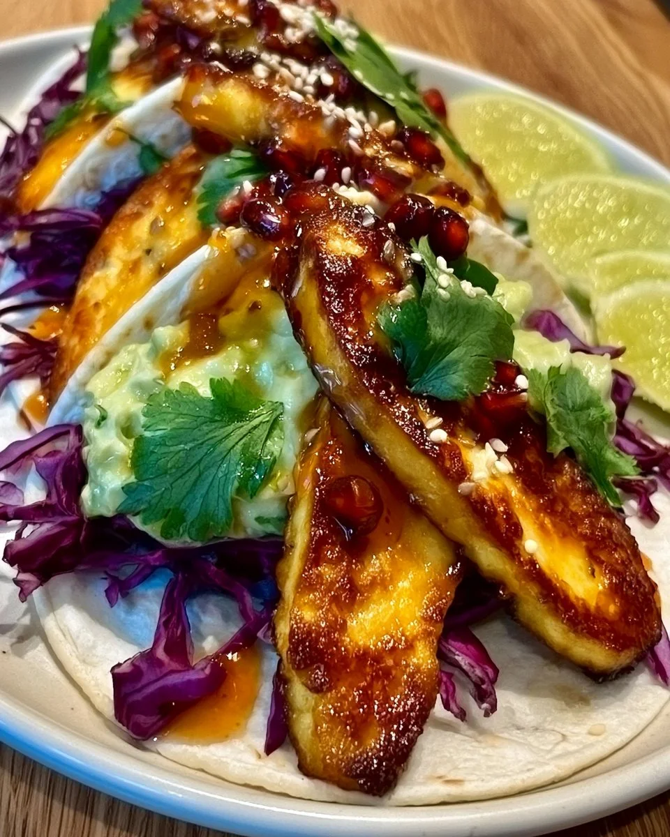 Vegetarian hot honey halloumi tacos topped with fresh ingredients