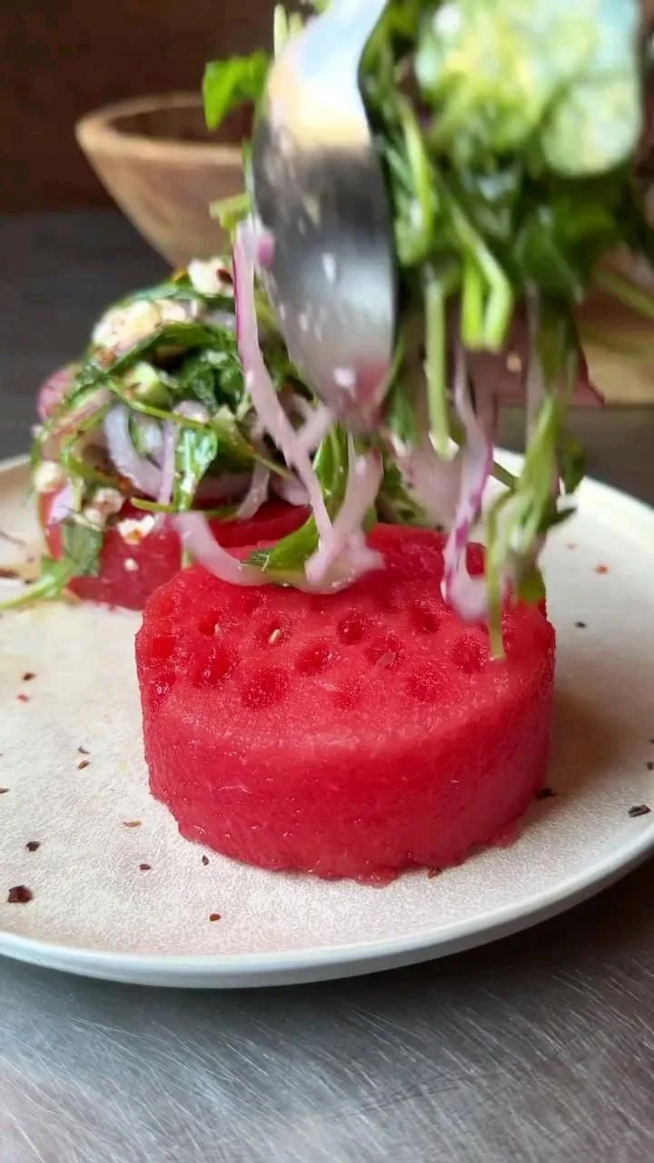 Watermelon with Salad and Onion | Watermelon Appetizer Canapé, Party Food Appetizers, Food Platters