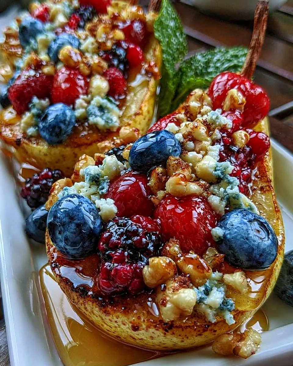 Baked Pears with Berries, Honey, Walnuts &amp; Blue Cheese