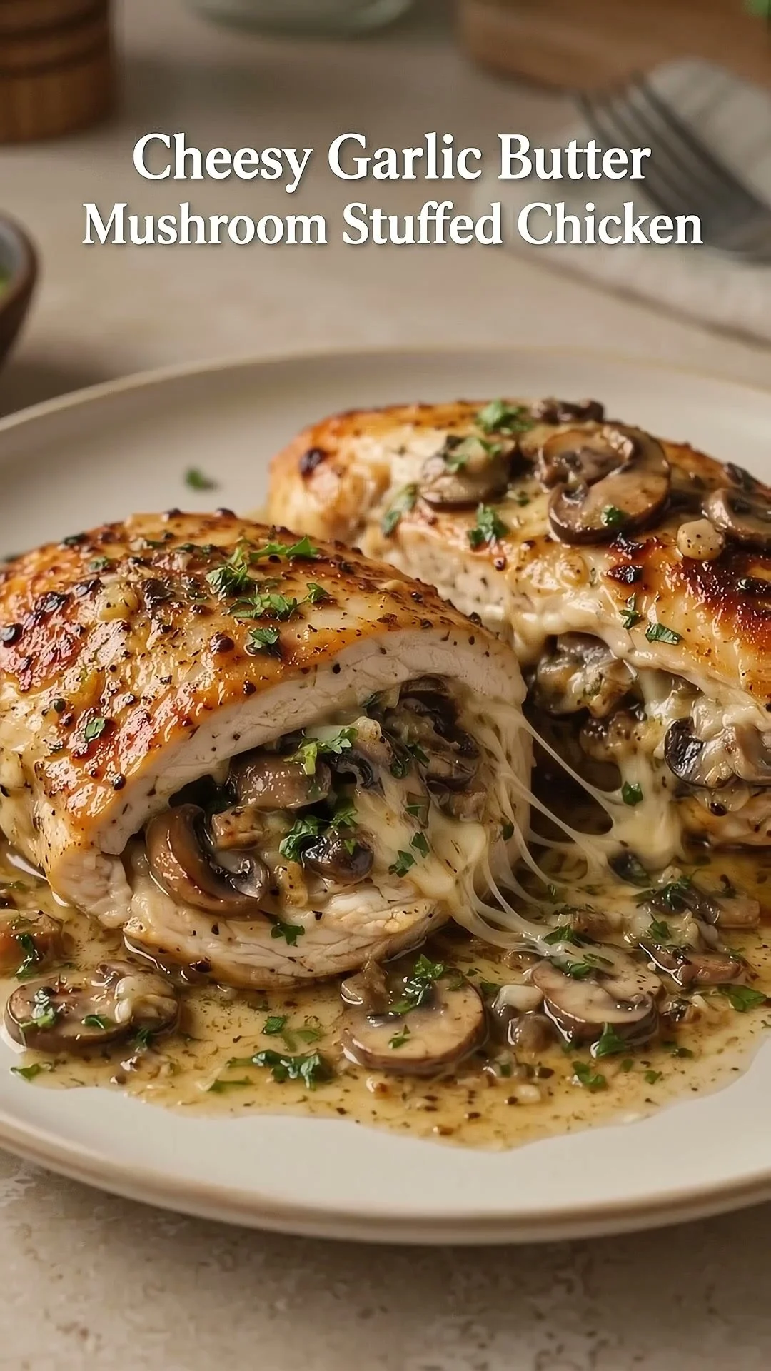 Cheesy Garlic Butter Mushroom Stuffed Chicken
