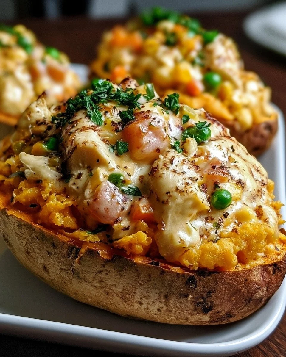 Creamy Chicken Pot Pie Stuffed Sweet Potatoes