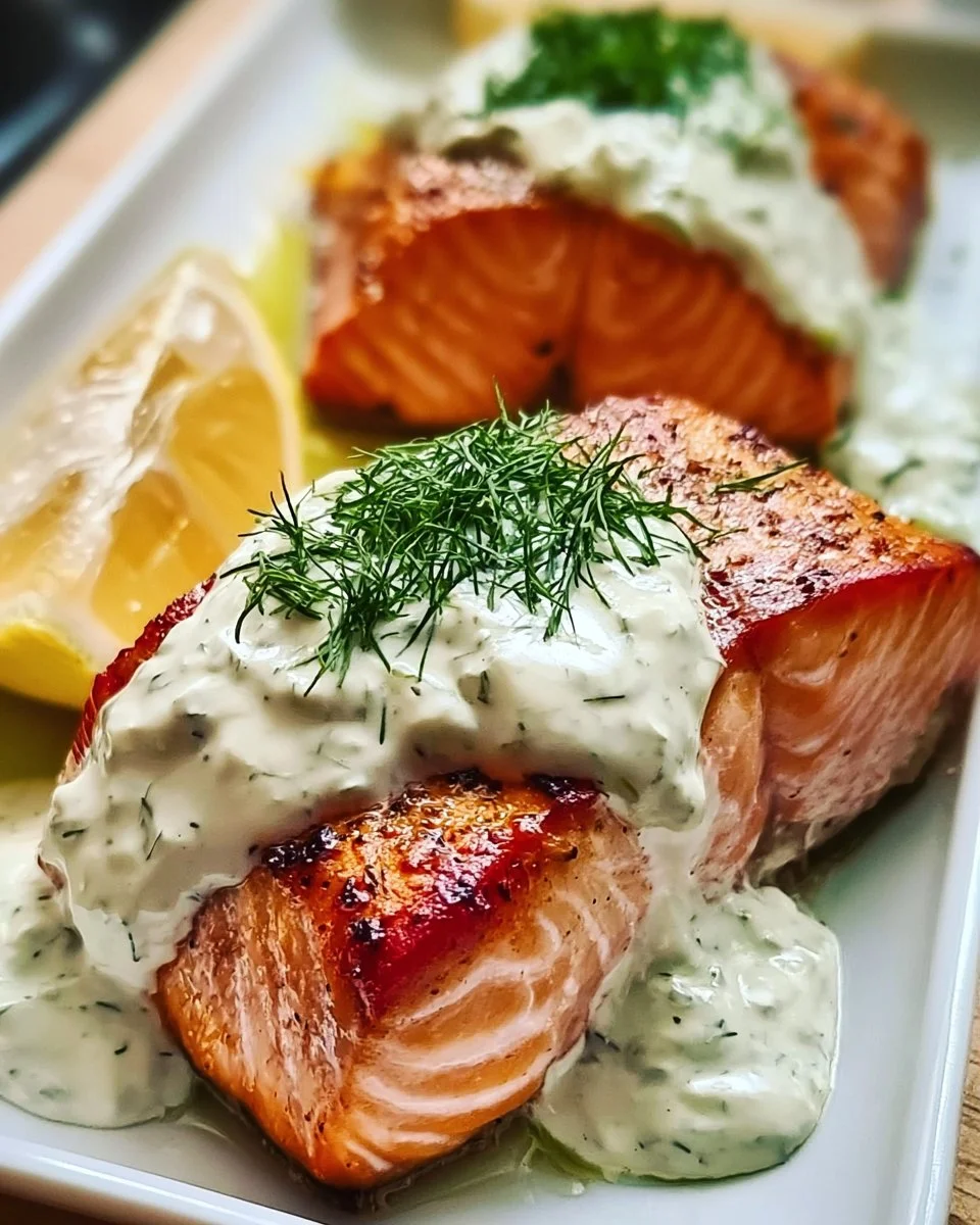 Crispy Baked Salmon with Zesty Lemon Dill Sauce Delight