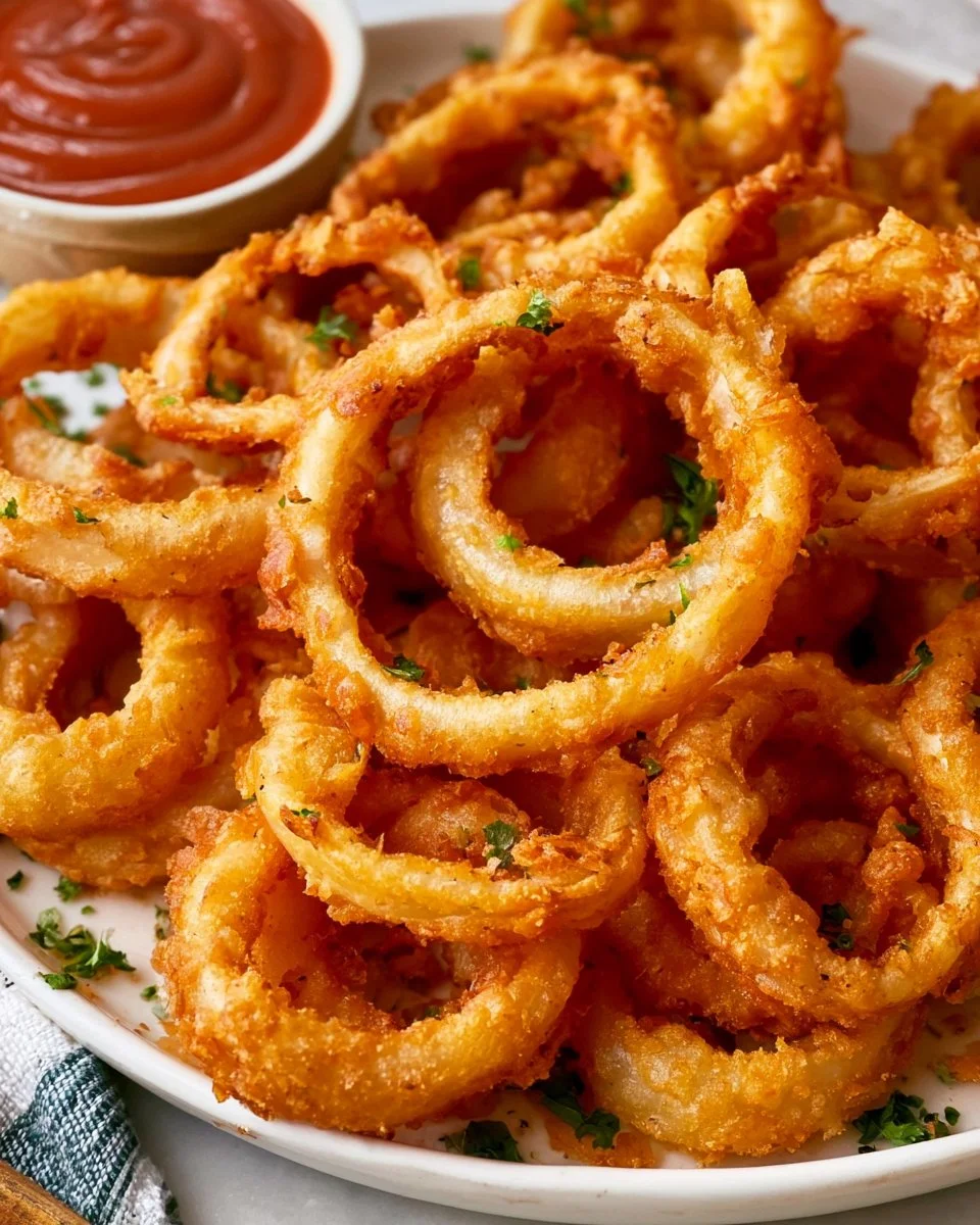 Crispy onion rings served with a dipping sauce on a plate