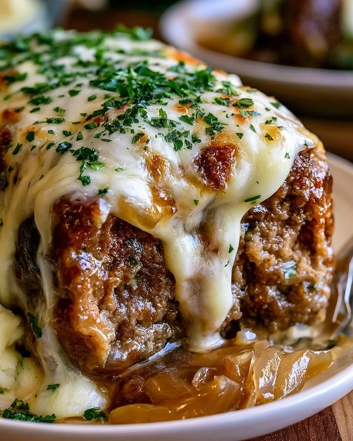 Crockpot French Onion Meatloaf with Melted Swiss Cheese