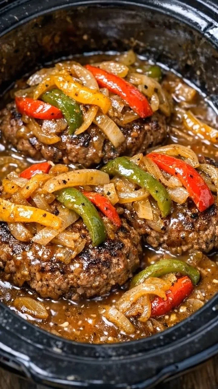 Crockpot Hamburger Steaks with Peppers and Onions