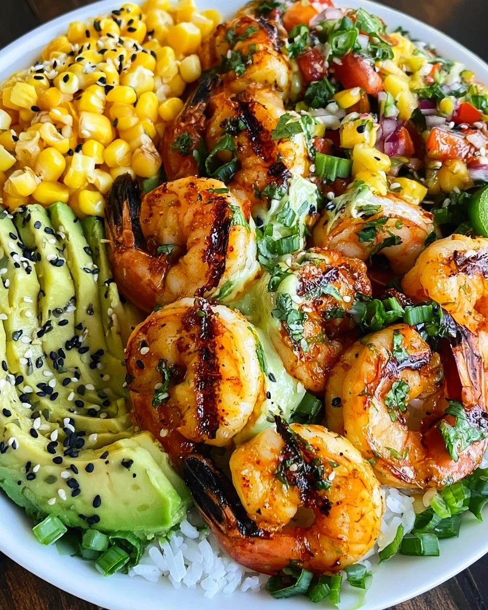 Grilled Shrimp Bowl with Avocado, Corn Salsa &amp; Creamy Garlic Sauce