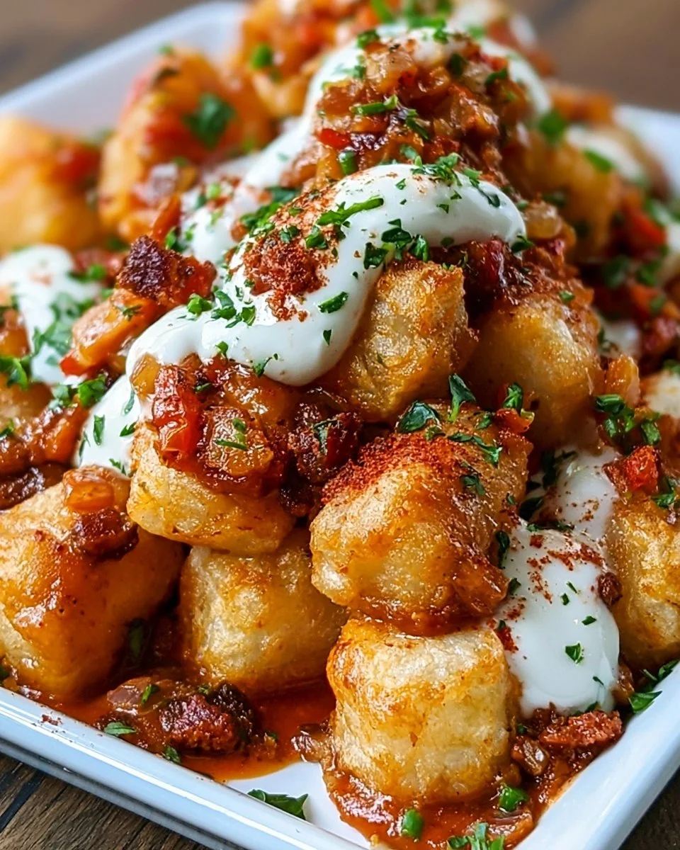 Indulgent loaded bravas tots topped with sauces and garnishes, perfect for snacking.
