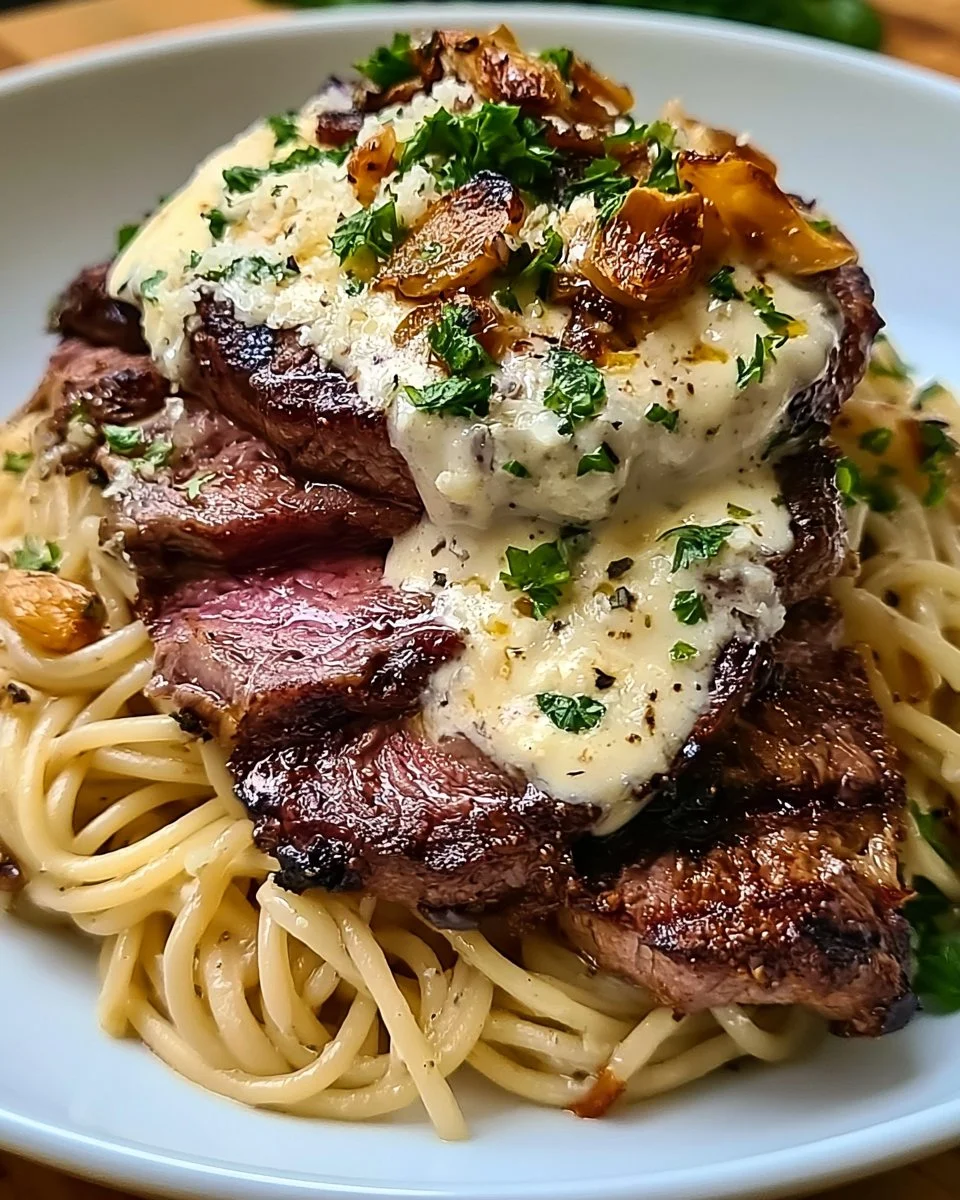 Indulgent Steak Alfredo with Roasted Garlic Spaghetti Delight