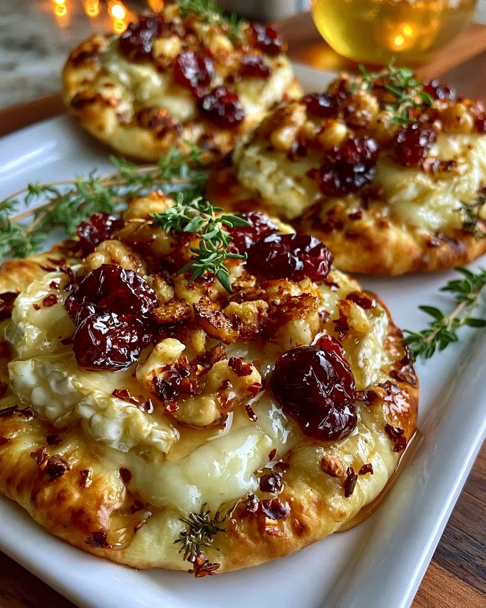 Mini Pizza with Brie, Cranberries &amp; Toasted Walnuts with a Hot Honey Drizzle