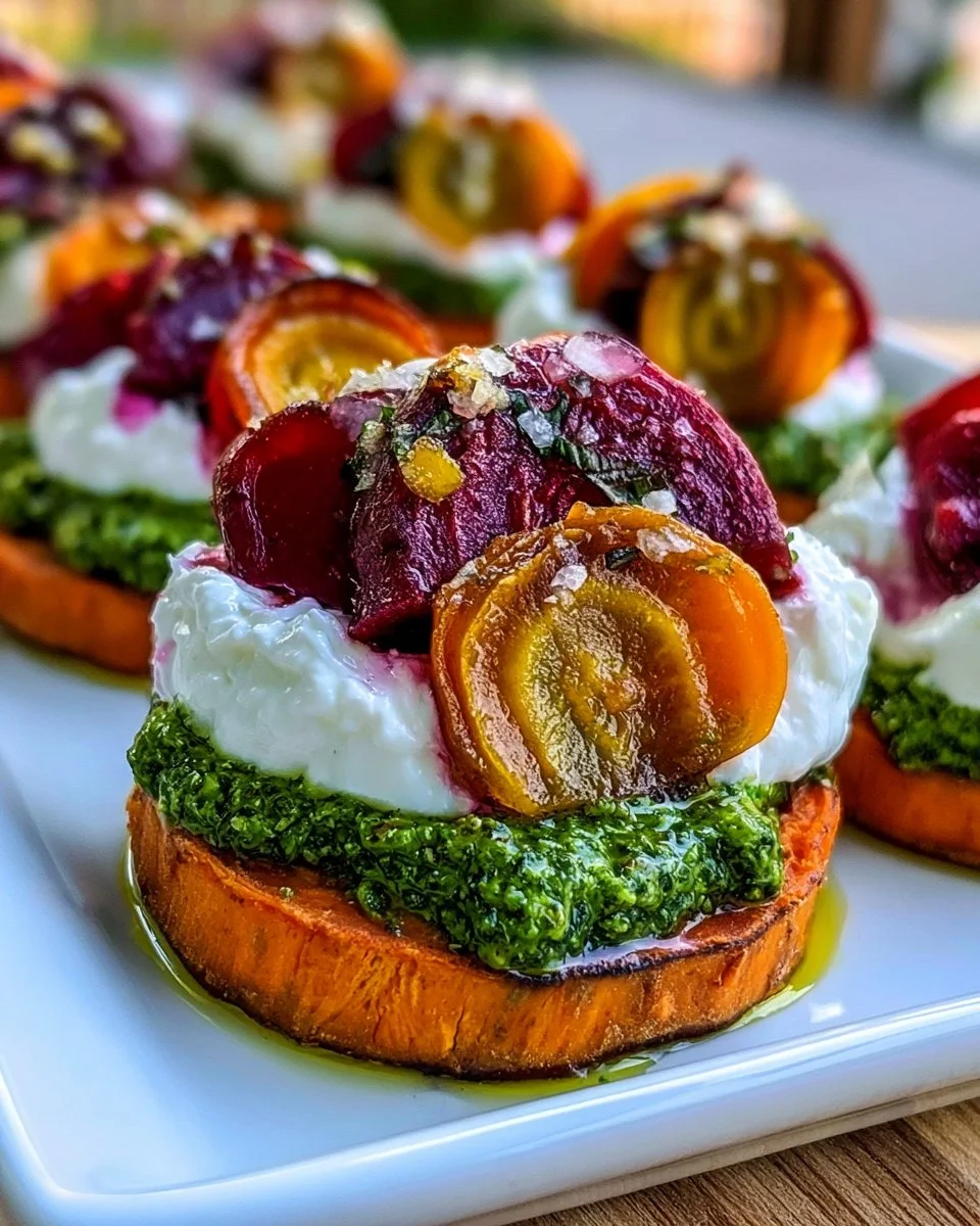 Roasted beet appetizer | Sweet potato rounds with beets and burrata, Pesto