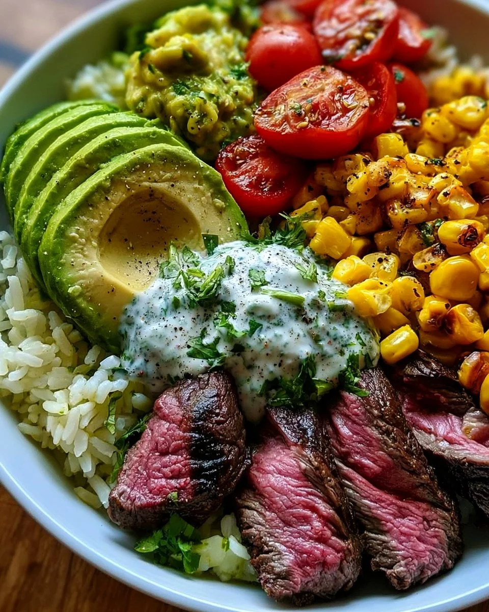 Steak, Avocado, and Roasted Corn Bowl with Cilantro Cream Sauce