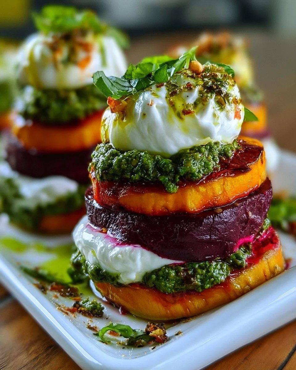 Sweet Potato Beet Stacks with Pesto and Burrata