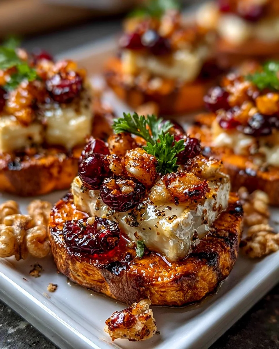 Sweet potato rounds topped with brie cheese, cranberries, and toasted walnuts, served on a plate.