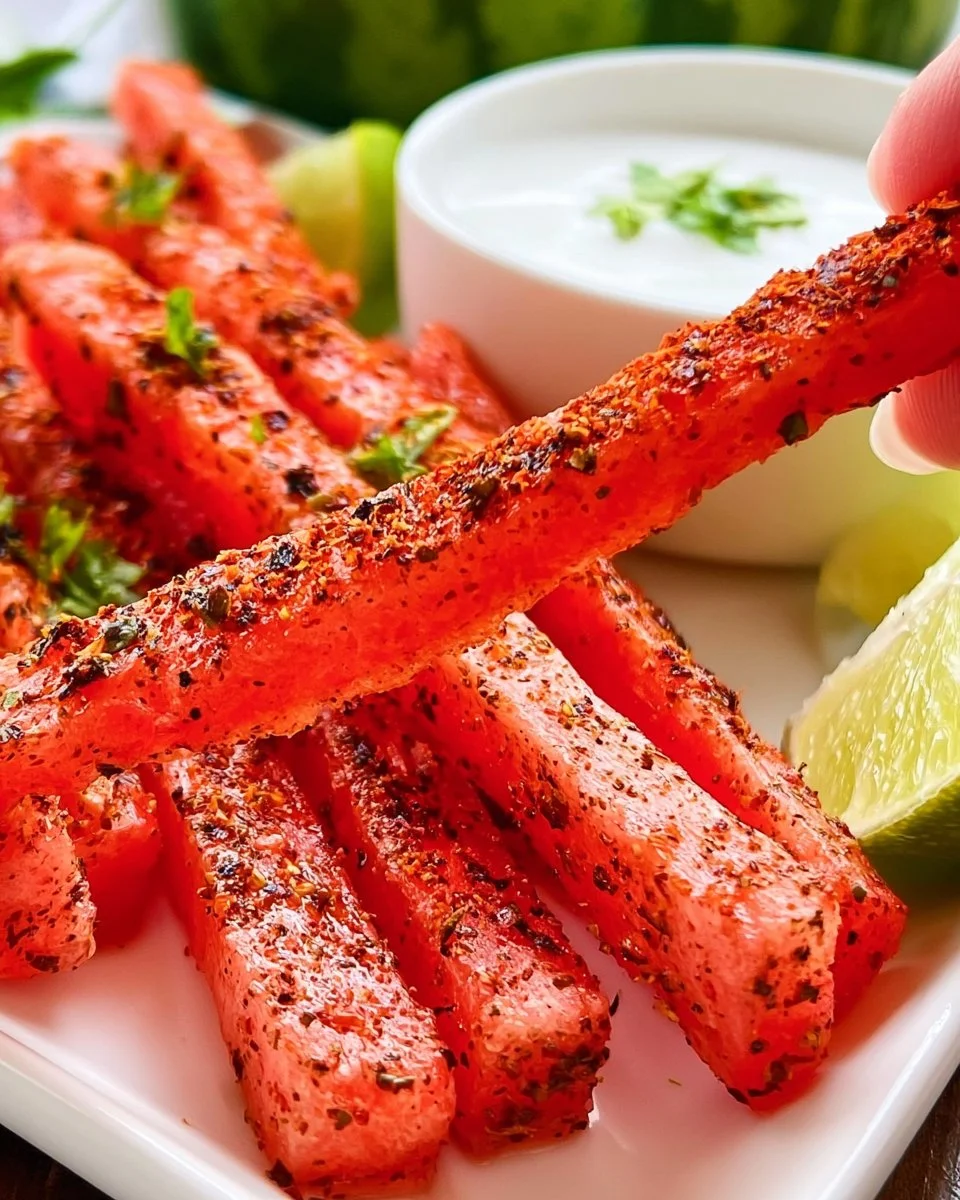 Tajin-coated spicy watermelon fries with coconut lime dipping sauce