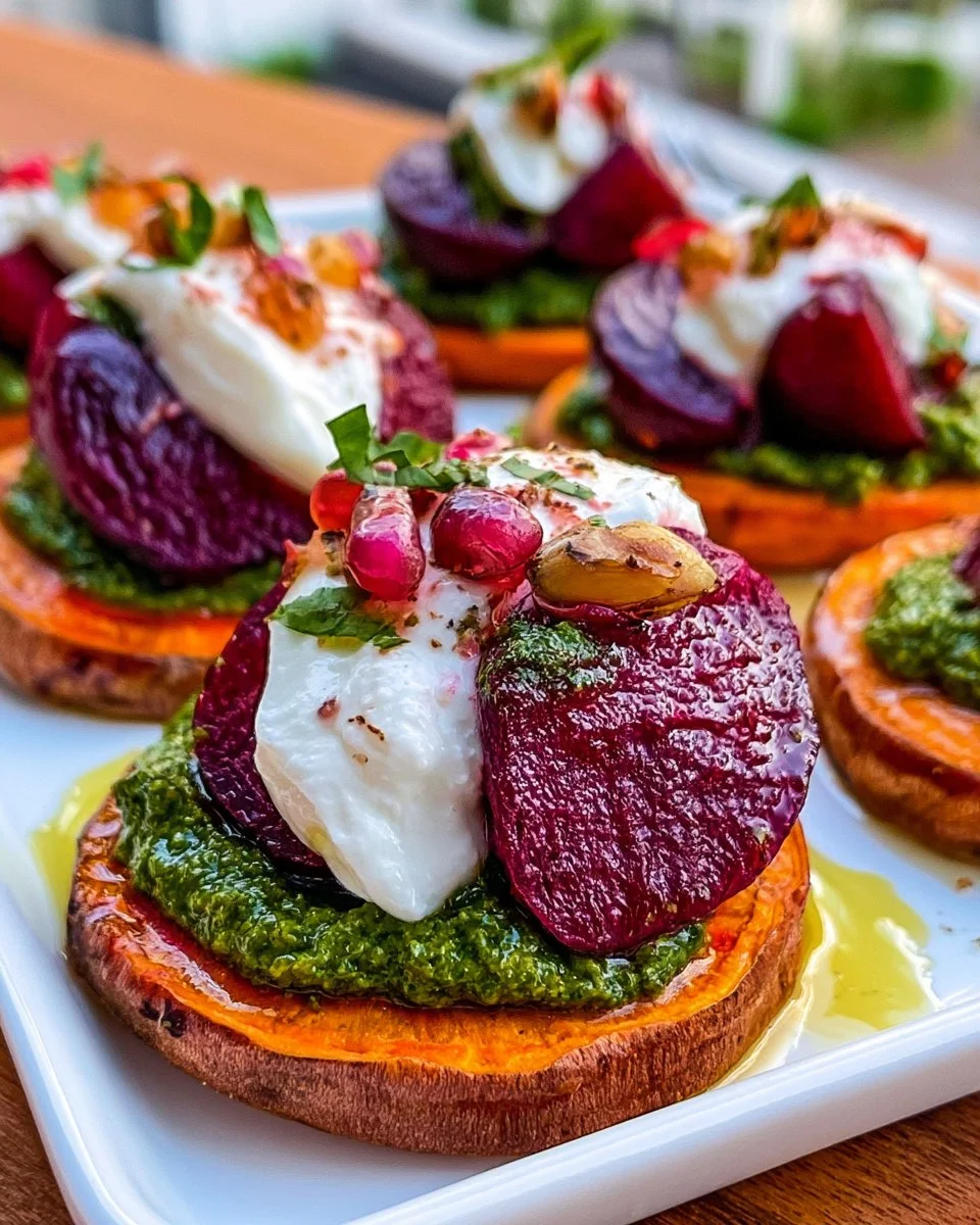 Roasted beet appetizer | Sweet potato rounds with beets and burrata, Pesto